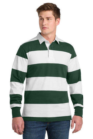Sport-Tek ST301 Mens Classic Rugby Long Sleeve Polo Shirt Forest Green/White Model Front