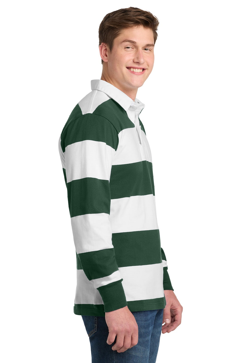 Sport-Tek ST301 Mens Classic Rugby Long Sleeve Polo Shirt Forest Green/White Model Side
