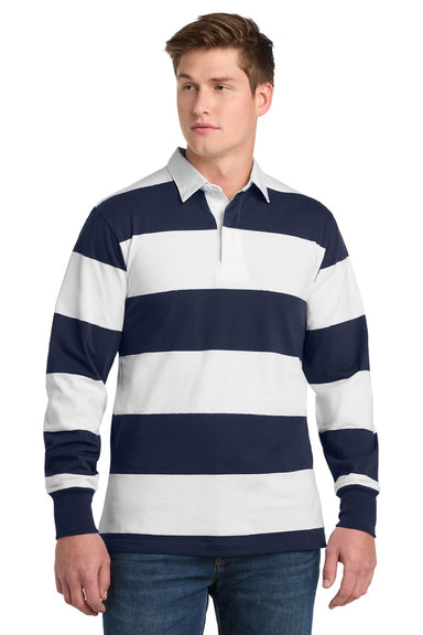 Sport-Tek ST301 Mens Classic Rugby Long Sleeve Polo Shirt True Navy Blue/White Model Front