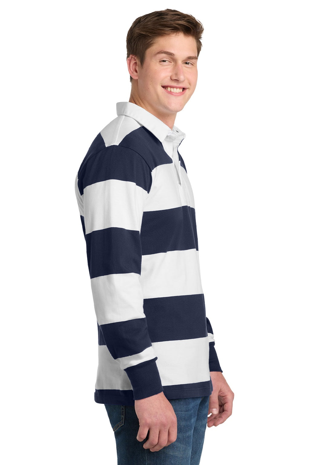 Sport-Tek ST301 Mens Classic Rugby Long Sleeve Polo Shirt True Navy Blue/White Model Side