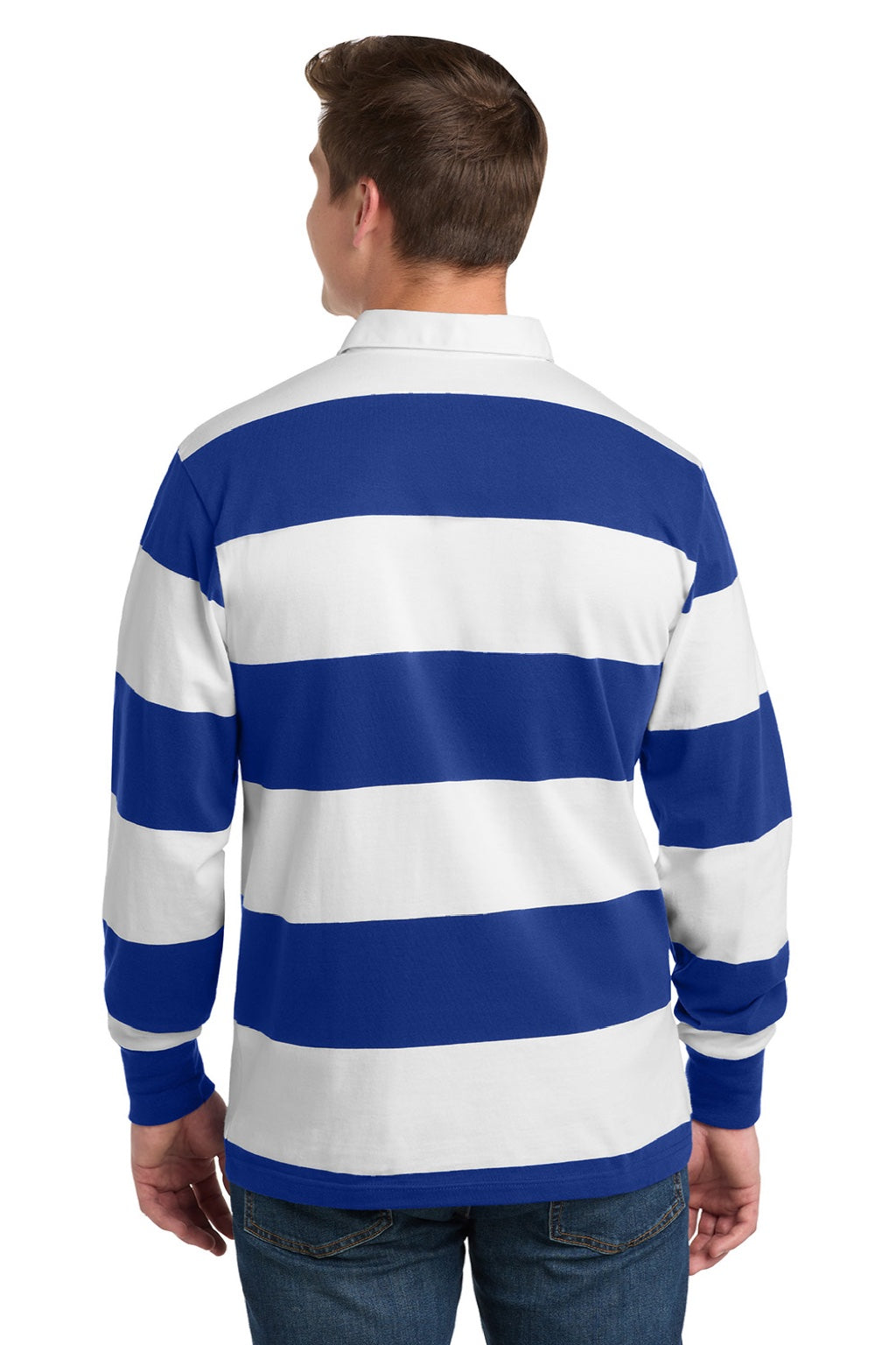 Sport-Tek ST301 Mens Classic Rugby Long Sleeve Polo Shirt True Royal Blue/White Model Back