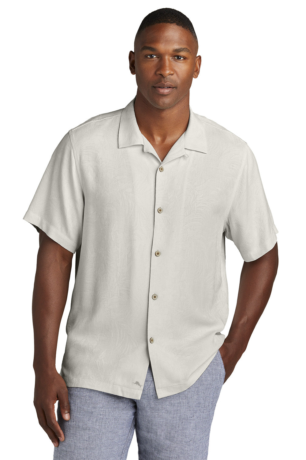Tommy Bahama ST325384TB Mens Tropic Isles Short Sleeve Button Down Shirt Continental Grey Model Front