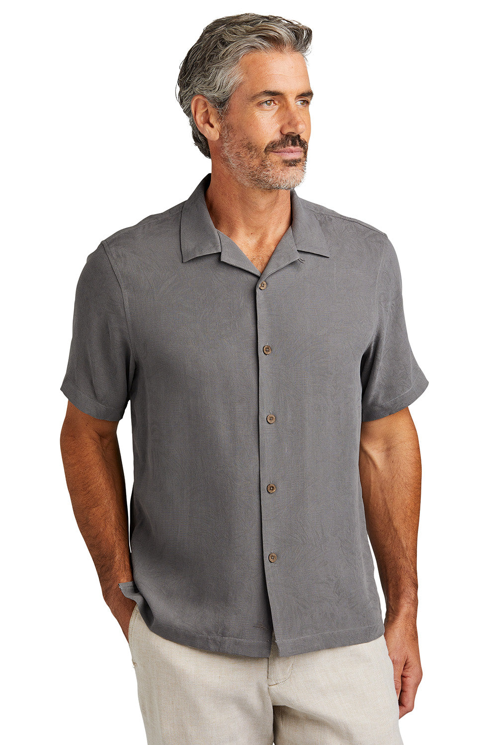 Tommy Bahama ST325384TB Mens Tropic Isles Short Sleeve Button Down Shirt Shadow Grey Model Front