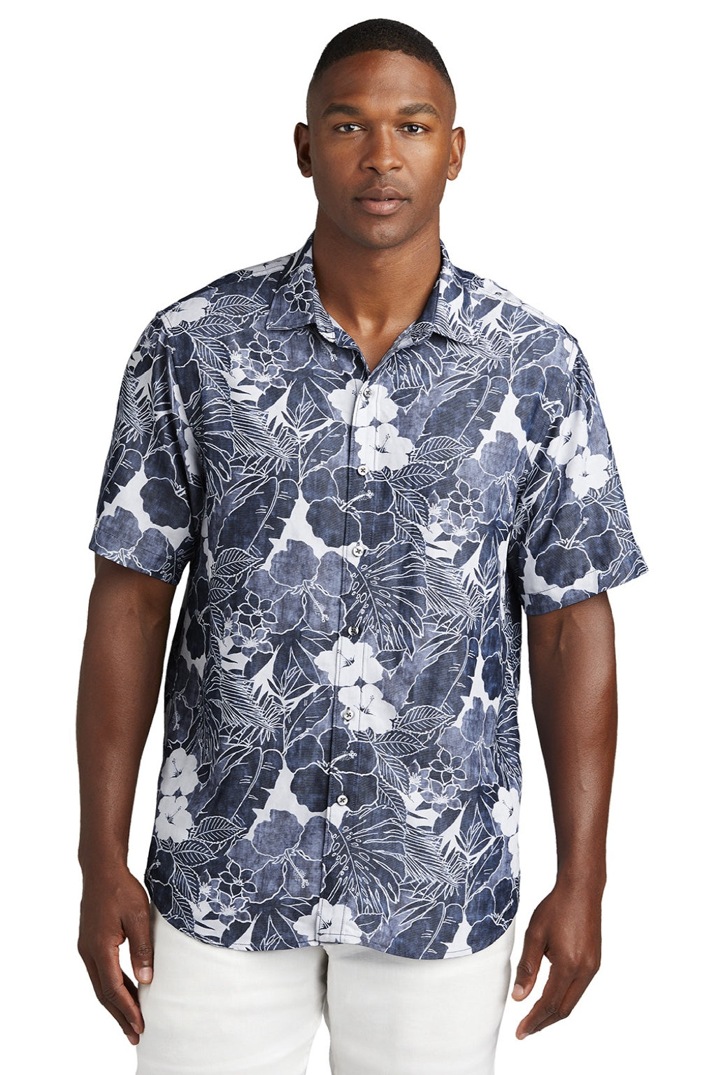 Tommy Bahama ST325929TB Mens Coconut Point Playa Flora Moisture Wicking Short Sleeve Button Down Shirt Blue Note Model Front