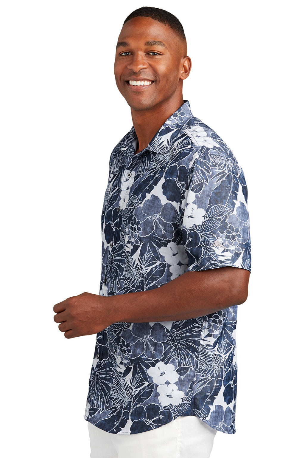 Tommy Bahama ST325929TB Mens Coconut Point Playa Flora Moisture Wicking Short Sleeve Button Down Shirt Blue Note Model Side