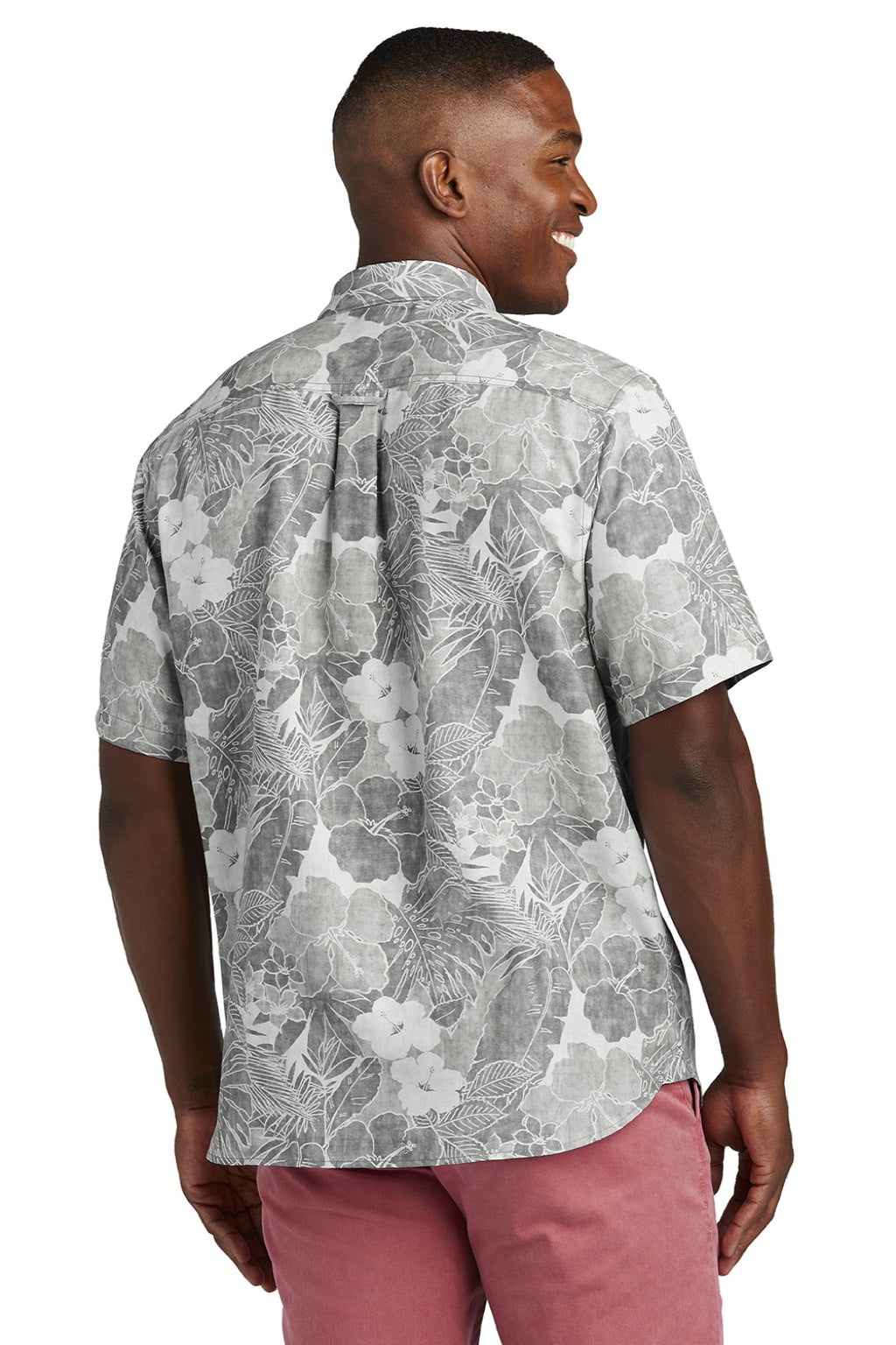 Tommy Bahama ST325929TB Mens Coconut Point Playa Flora Moisture Wicking Short Sleeve Button Down Shirt Light Grey Model Back