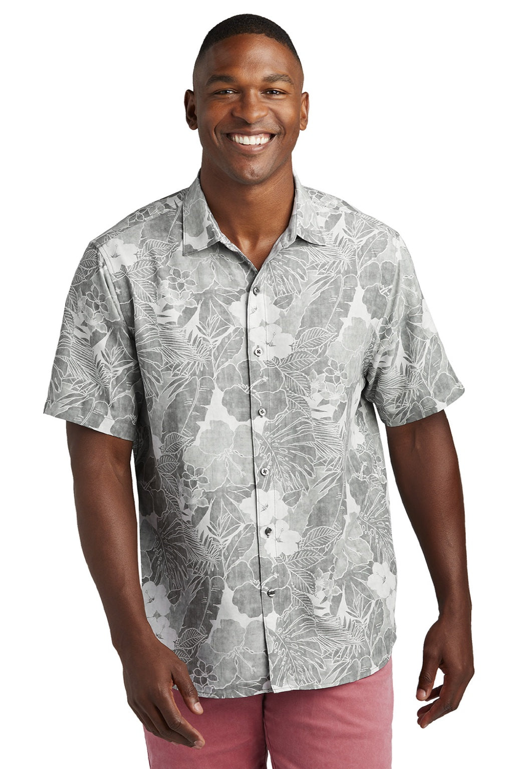 Tommy Bahama ST325929TB Mens Coconut Point Playa Flora Moisture Wicking Short Sleeve Button Down Shirt Light Grey Model Front