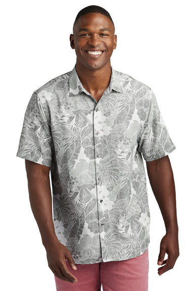 Tommy Bahama ST325929TB Mens Coconut Point Playa Flora Moisture Wicking Short Sleeve Button Down Shirt Light Grey Model Front