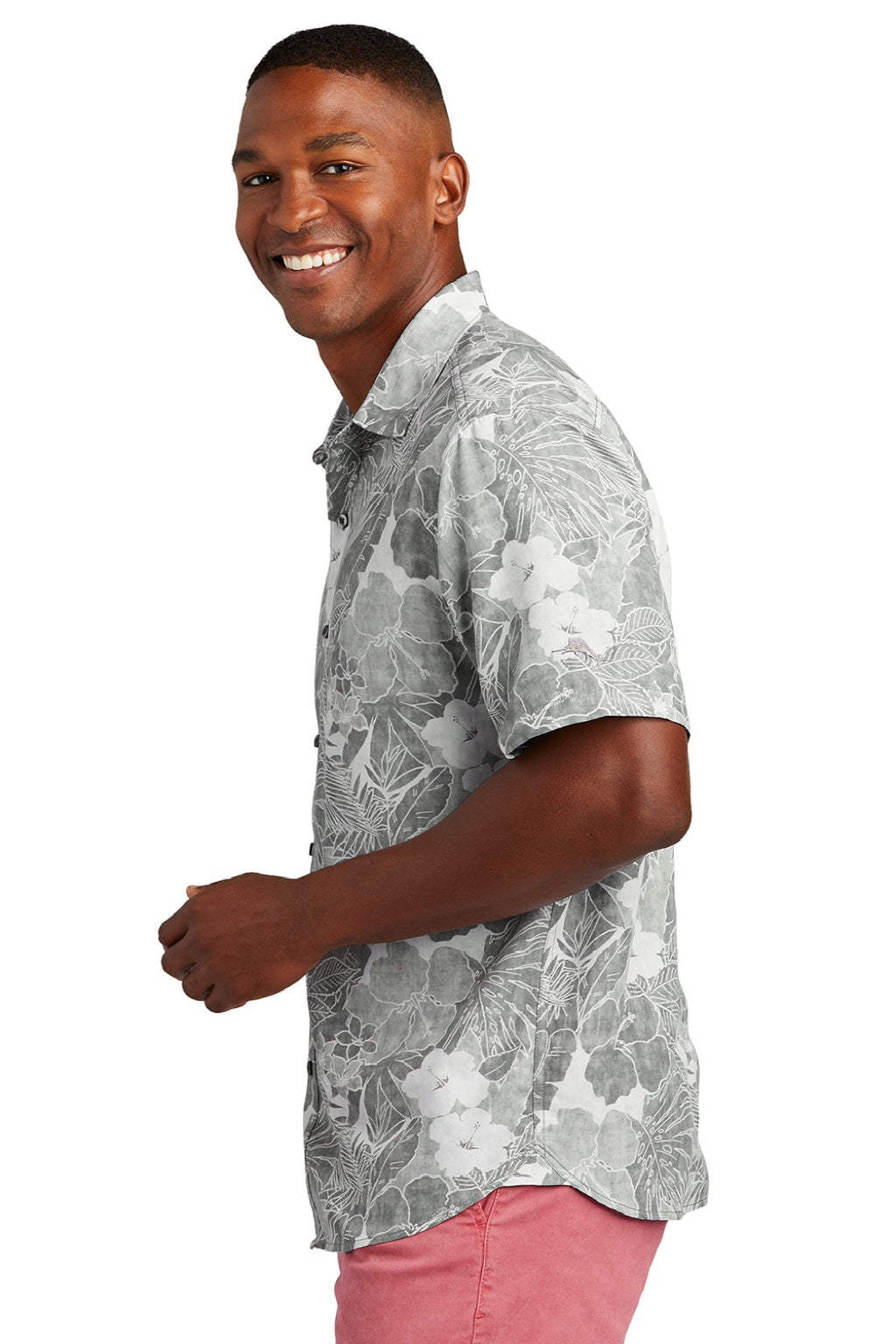 Tommy Bahama ST325929TB Mens Coconut Point Playa Flora Moisture Wicking Short Sleeve Button Down Shirt Light Grey Model Side