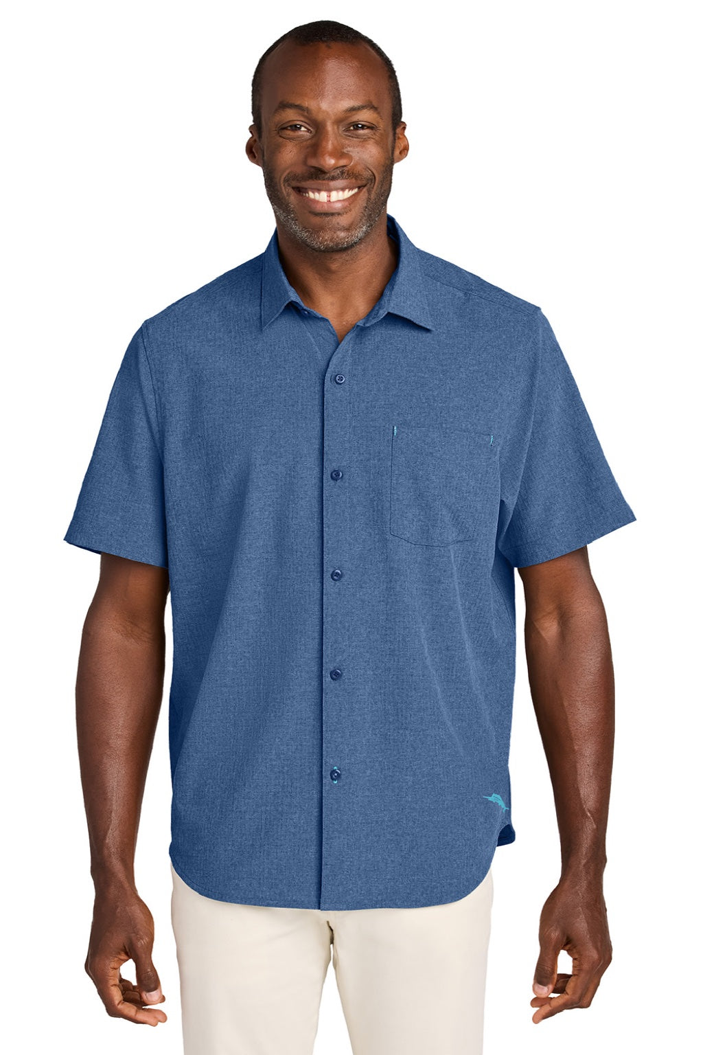 Tommy Bahama ST326815TB Mens Sandy Point Moisture Wicking Short Sleeve Button Down Shirt w/ Pocket Classic Blue Model Front