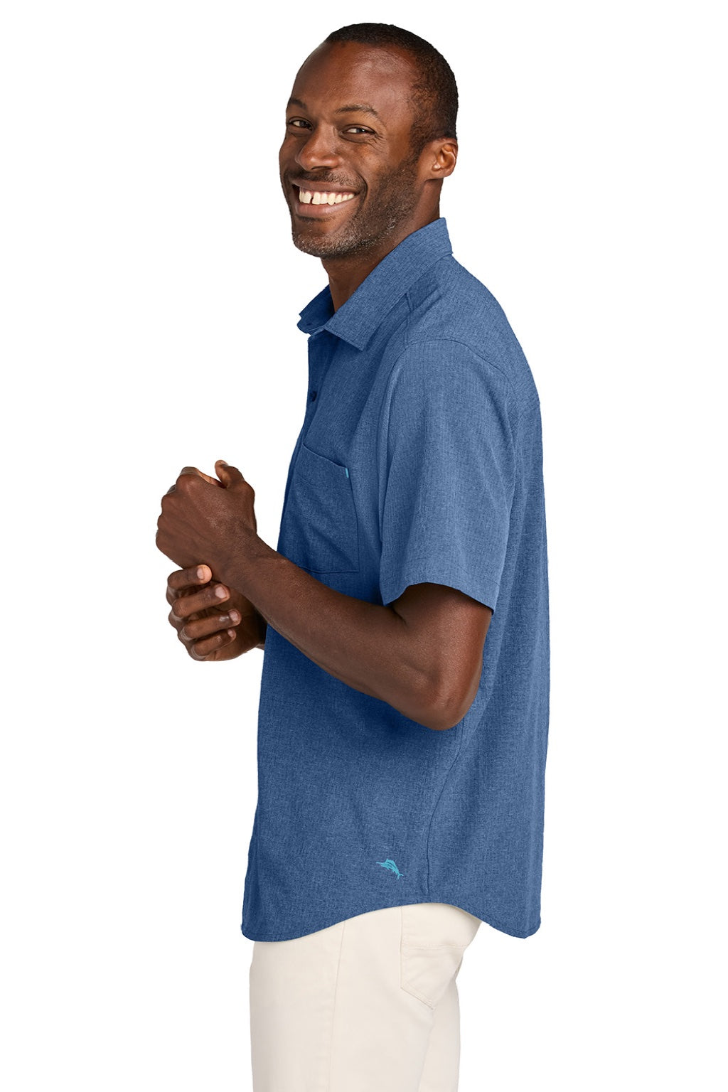 Tommy Bahama ST326815TB Mens Sandy Point Moisture Wicking Short Sleeve Button Down Shirt w/ Pocket Classic Blue Model Side