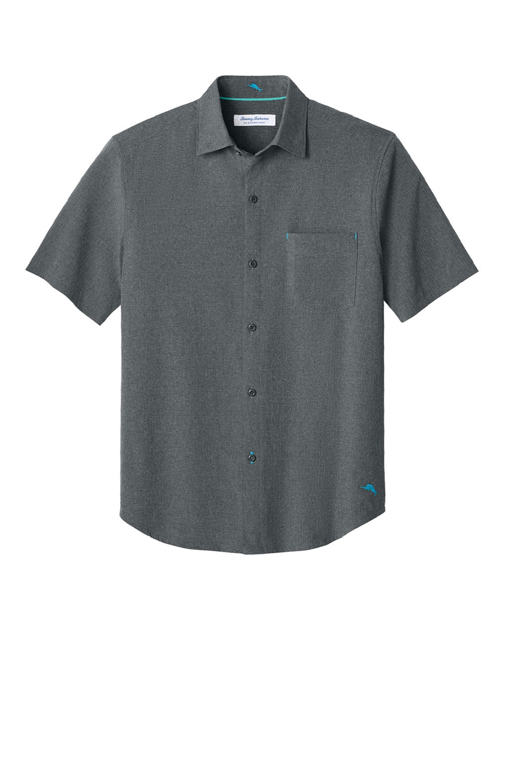 Tommy Bahama ST326815TB Mens Sandy Point Moisture Wicking Short Sleeve Button Down Shirt w/ Pocket Coal Grey Flat Front