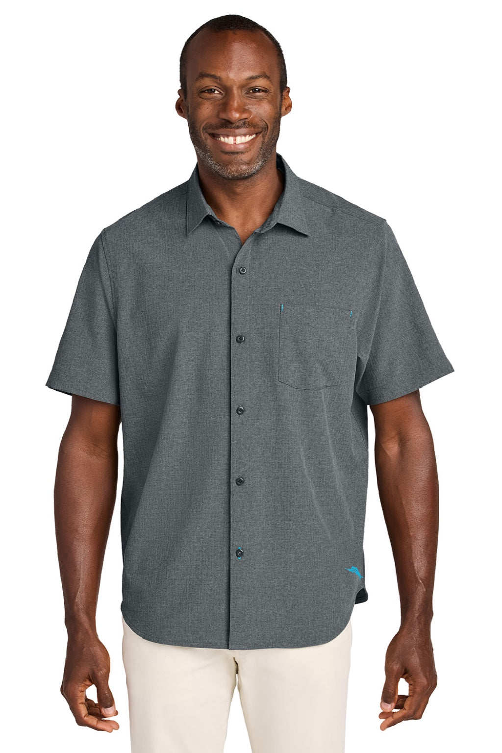 Tommy Bahama ST326815TB Mens Sandy Point Moisture Wicking Short Sleeve Button Down Shirt w/ Pocket Coal Grey Model Front