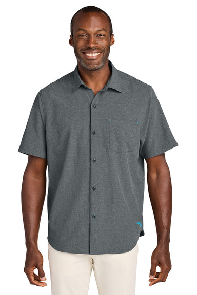 Tommy Bahama ST326815TB Mens Sandy Point Moisture Wicking Short Sleeve Button Down Shirt w/ Pocket Coal Grey Model Front