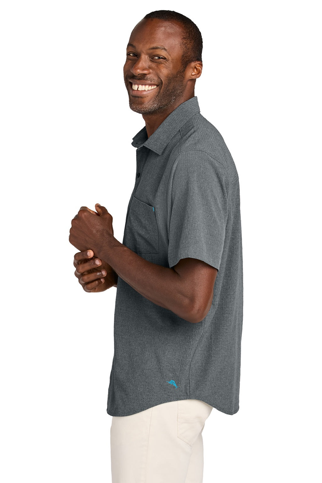 Tommy Bahama ST326815TB Mens Sandy Point Moisture Wicking Short Sleeve Button Down Shirt w/ Pocket Coal Grey Model Side