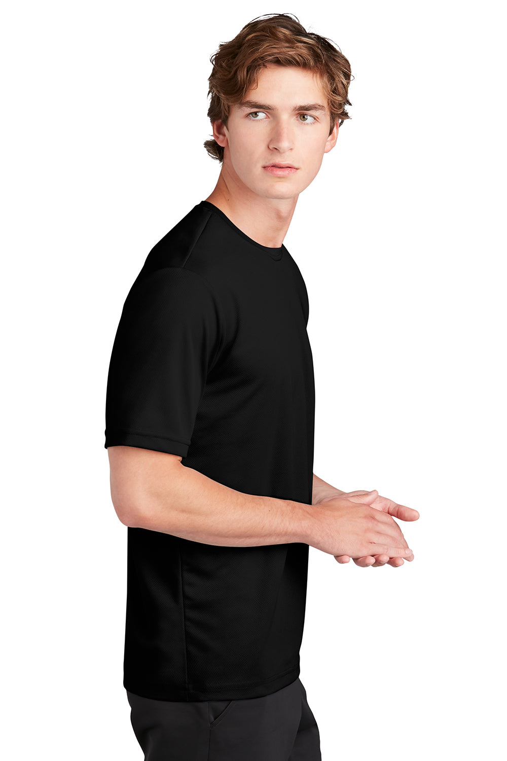 Sport-Tek ST340 Mens RacerMesh Moisture Wicking Short Sleeve Crewneck T-Shirt Black Model Side