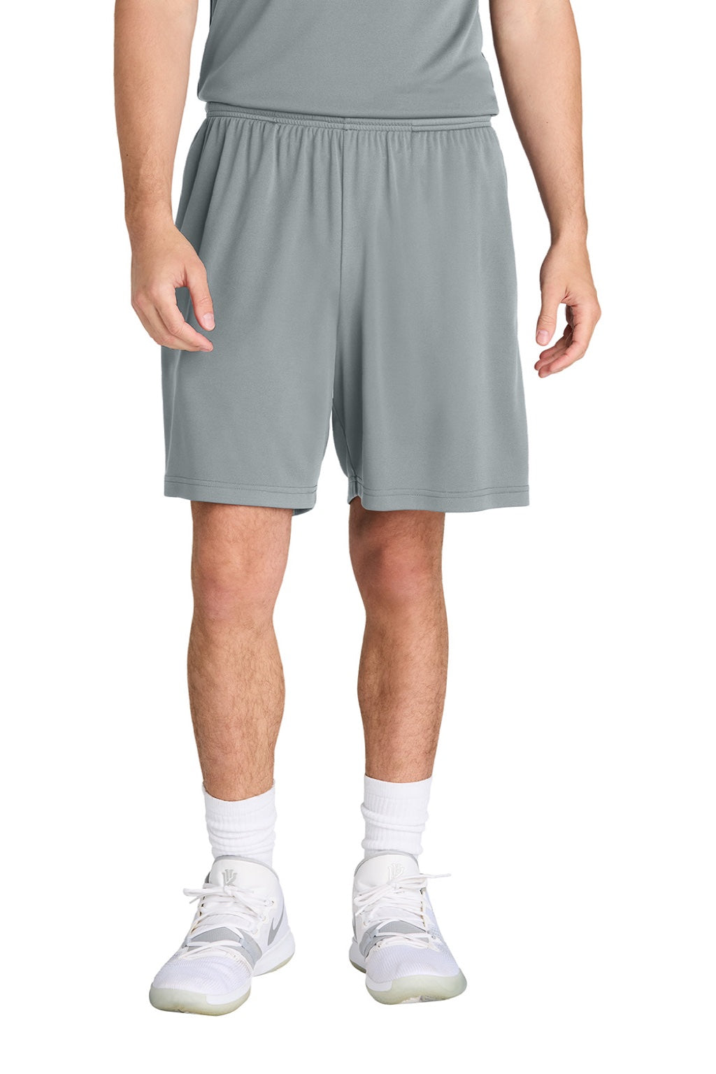 Sport-Tek ST349P Mens Moisture Wicking Competitor Athletic Shorts w/ Pockets Silver Grey Model Front