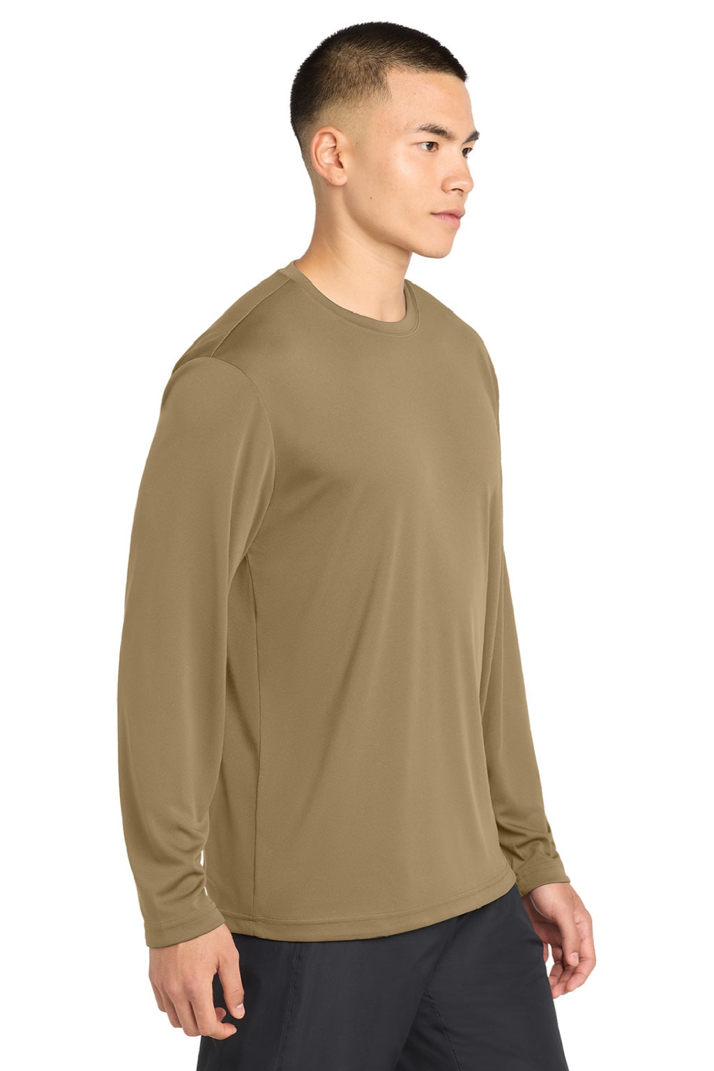 Sport-Tek ST350LS/TST350LS Mens Competitor Moisture Wicking Long Sleeve Crewneck T-Shirt Coyote Brown Model Side