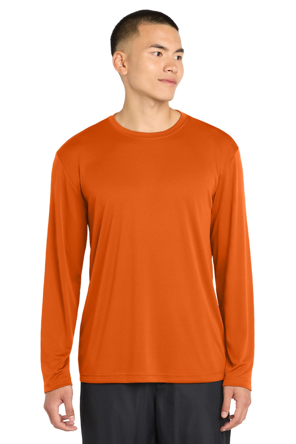 Sport-Tek ST350LS/TST350LS Mens Competitor Moisture Wicking Long Sleeve Crewneck T-Shirt Deep Orange Model Front