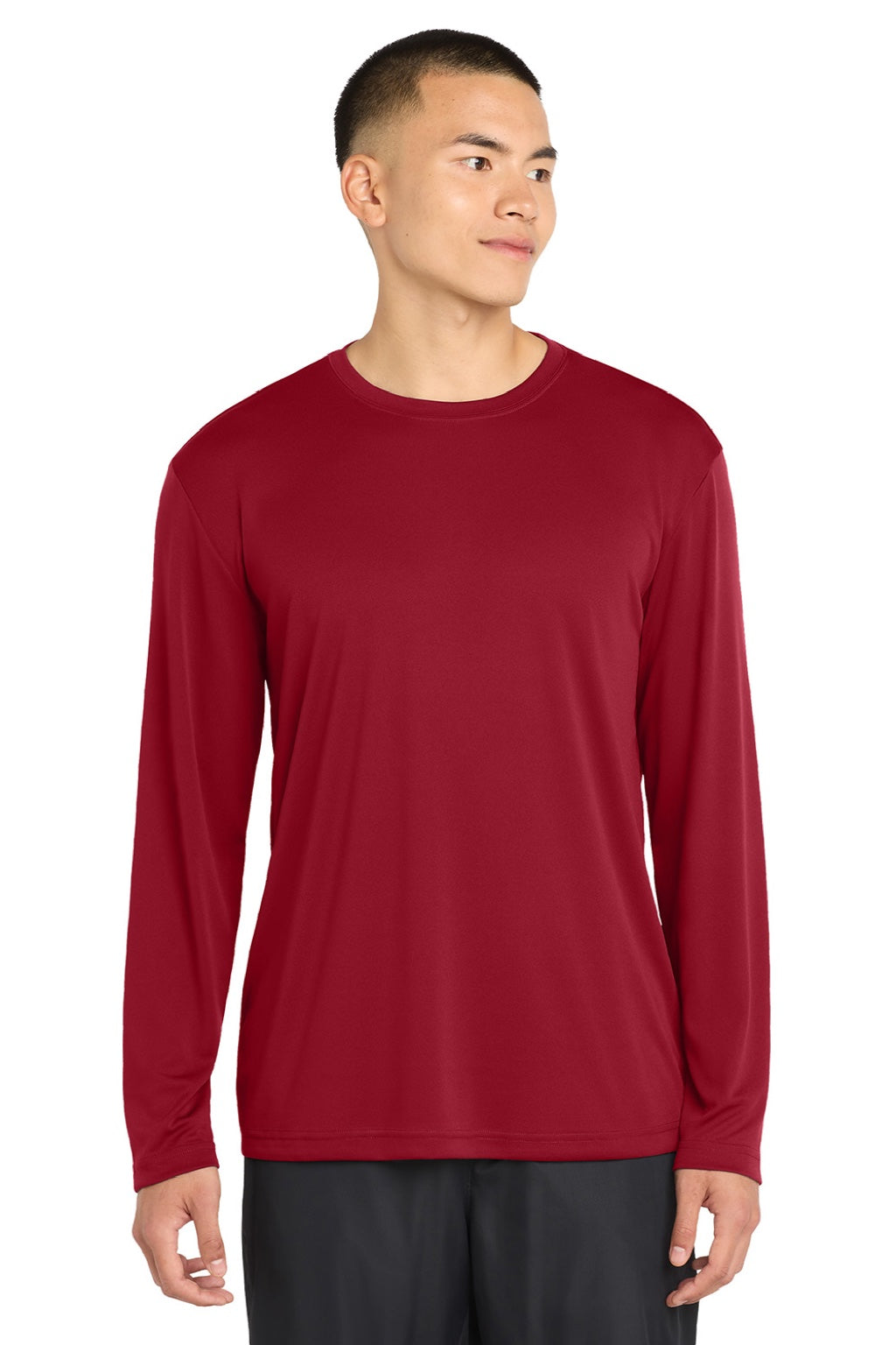 Sport-Tek ST350LS/TST350LS Mens Competitor Moisture Wicking Long Sleeve Crewneck T-Shirt Deep Red Model Front