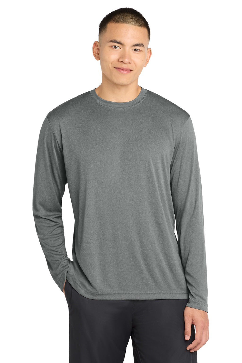 Sport-Tek ST350LS/TST350LS Mens Competitor Moisture Wicking Long Sleeve Crewneck T-Shirt Heather Iron Grey Model Front