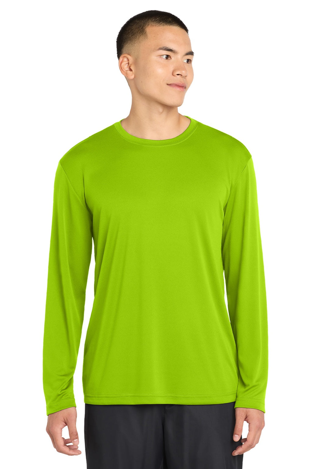 Sport-Tek ST350LS/TST350LS Mens Competitor Moisture Wicking Long Sleeve Crewneck T-Shirt Lime Shock Green Model Front