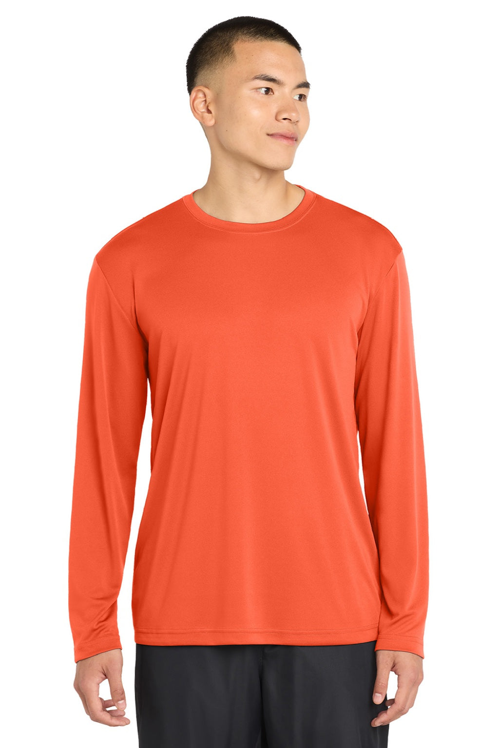 Sport-Tek ST350LS/TST350LS Mens Competitor Moisture Wicking Long Sleeve Crewneck T-Shirt Neon Orange Model Front