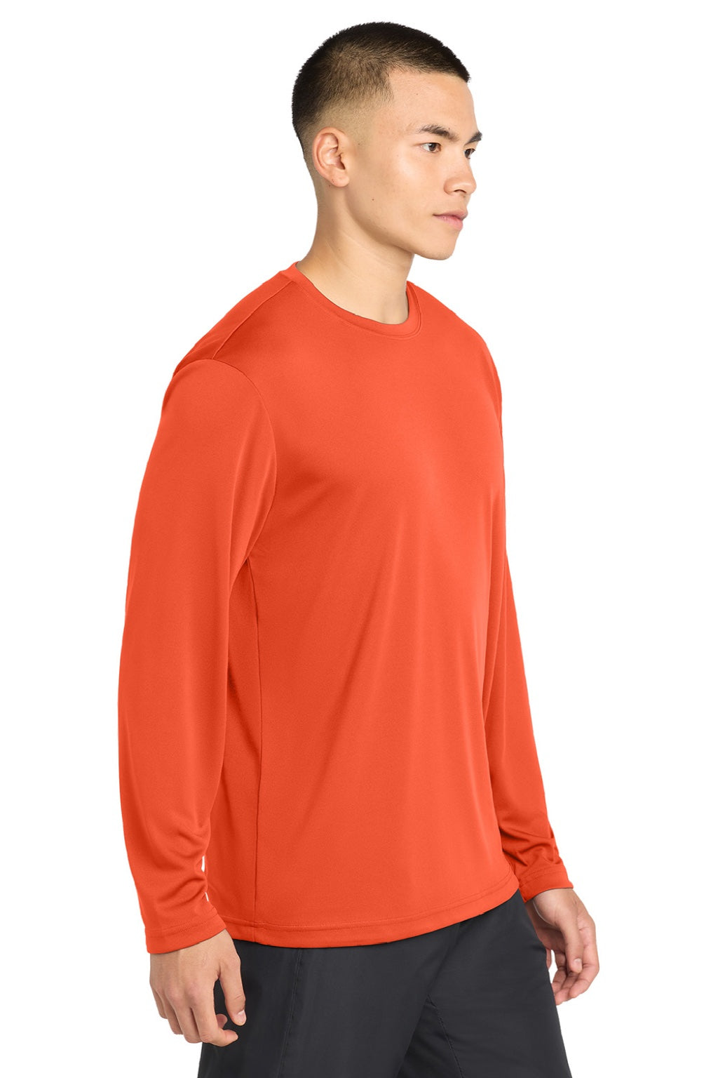 Sport-Tek ST350LS/TST350LS Mens Competitor Moisture Wicking Long Sleeve Crewneck T-Shirt Neon Orange Model Side