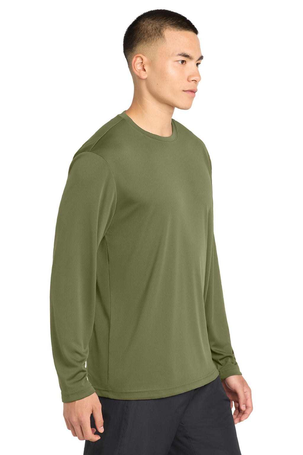 Sport-Tek ST350LS/TST350LS Mens Competitor Moisture Wicking Long Sleeve Crewneck T-Shirt Olive Drab Green Model Side
