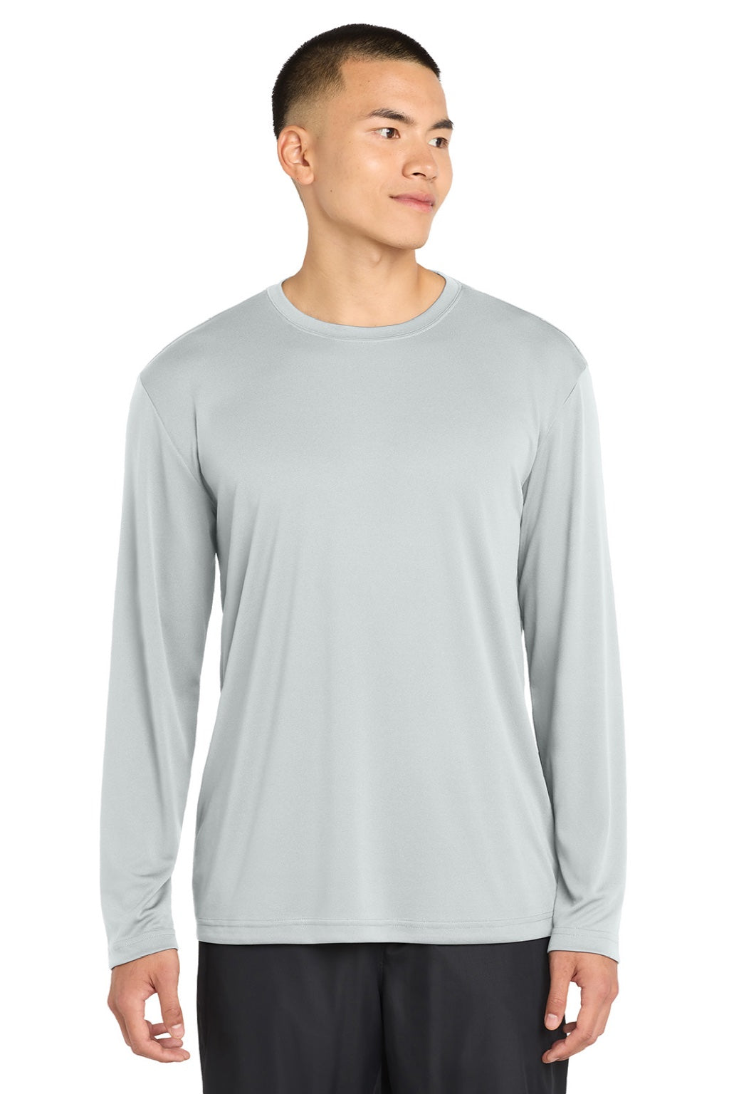 Sport-Tek ST350LS/TST350LS Mens Competitor Moisture Wicking Long Sleeve Crewneck T-Shirt Silver Grey Model Front