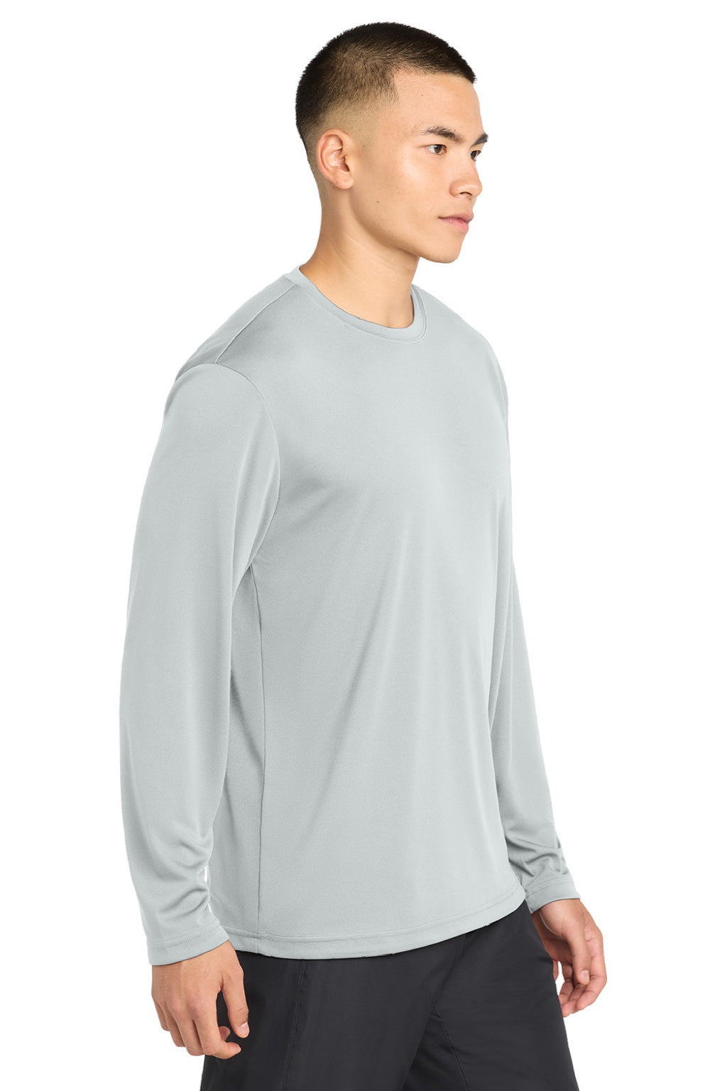 Sport-Tek ST350LS/TST350LS Mens Competitor Moisture Wicking Long Sleeve Crewneck T-Shirt Silver Grey Model Side