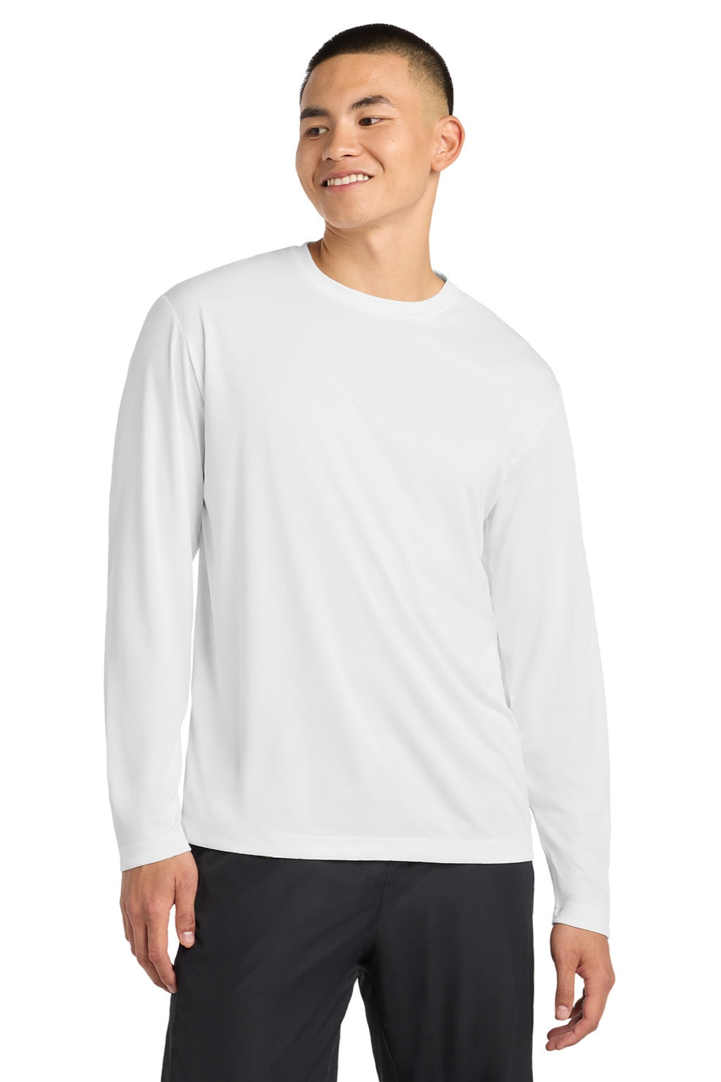 Sport-Tek ST350LS/TST350LS Mens Competitor Moisture Wicking Long Sleeve Crewneck T-Shirt White Model Front
