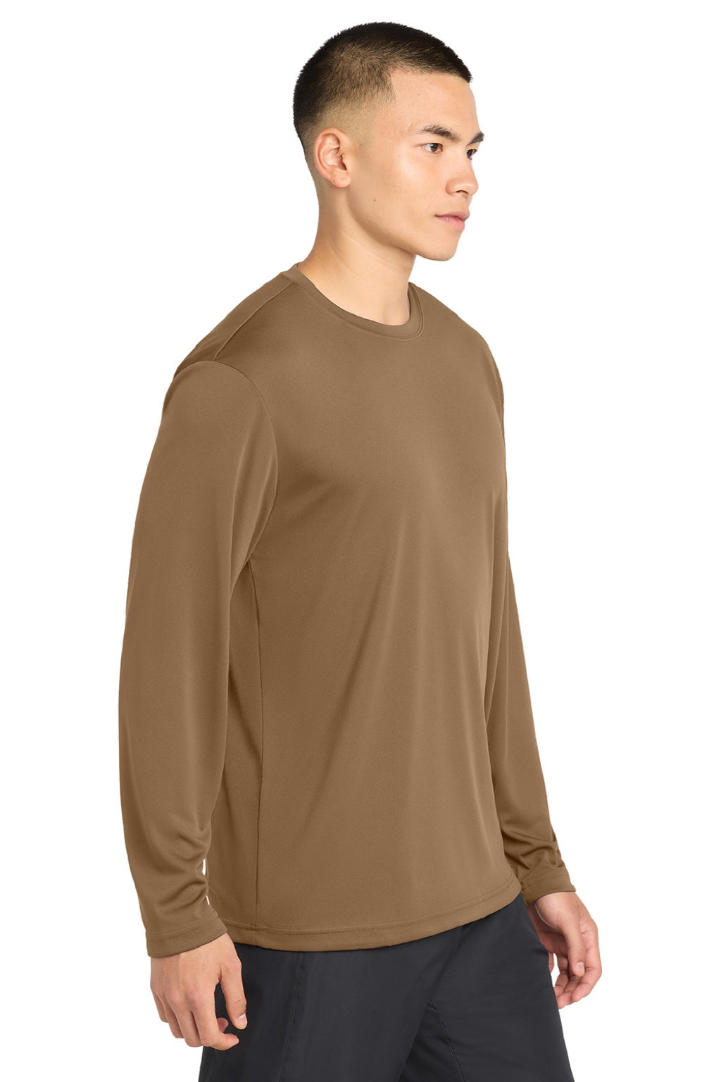 Sport-Tek ST350LS/TST350LS Mens Competitor Moisture Wicking Long Sleeve Crewneck T-Shirt Woodland Brown Model Side