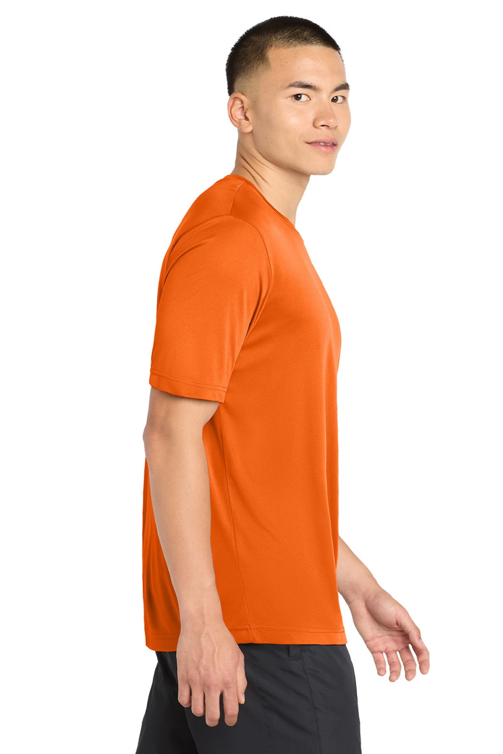 Sport-Tek ST350/TST350 Mens Competitor Moisture Wicking Short Sleeve Crewneck T-Shirt Neon Orange Model Side