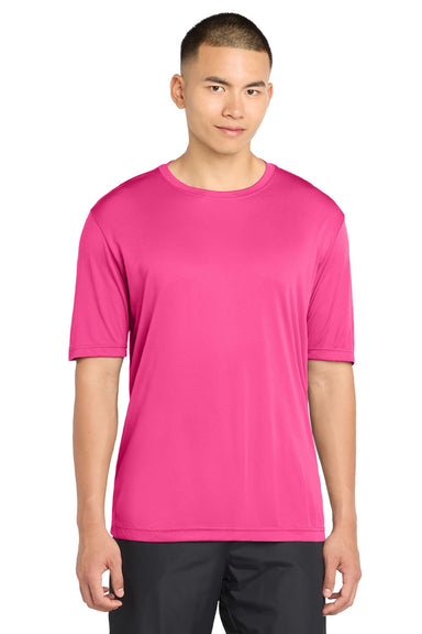 Sport-Tek ST350/TST350 Mens Competitor Moisture Wicking Short Sleeve Crewneck T-Shirt Neon Pink Model Front