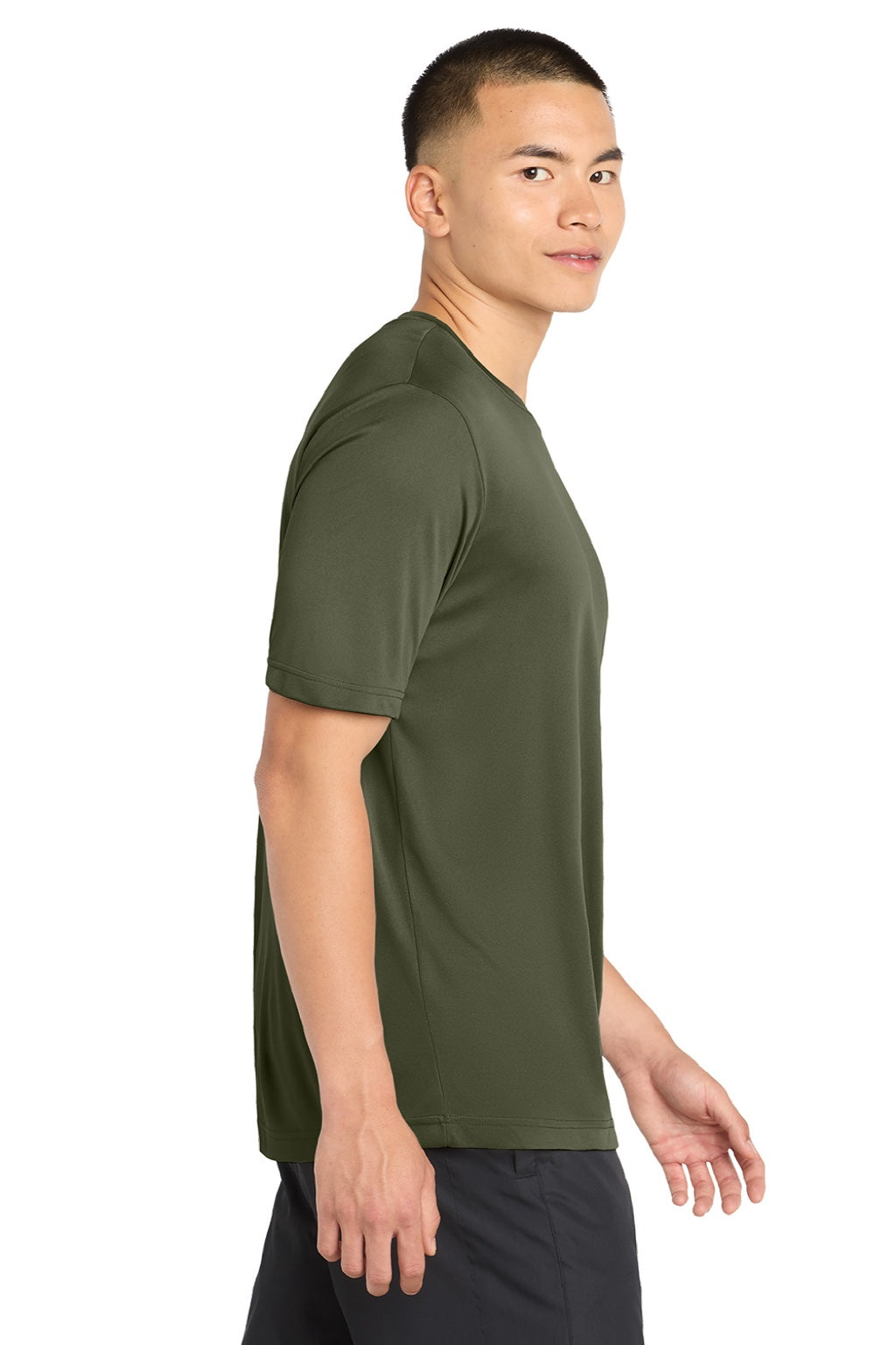 Sport-Tek ST350/TST350 Mens Competitor Moisture Wicking Short Sleeve Crewneck T-Shirt Olive Drab Green Model Side