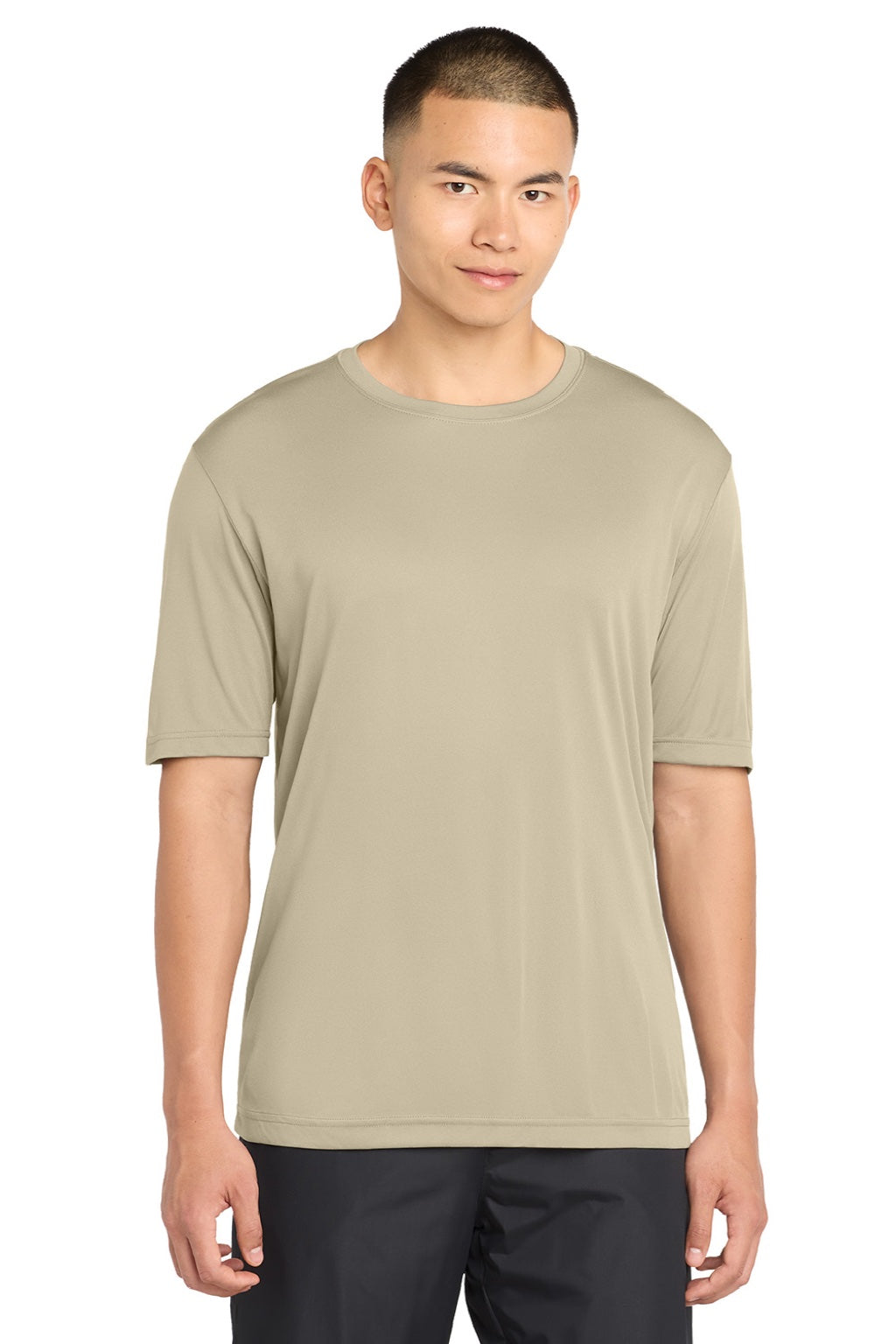 Sport-Tek ST350/TST350 Mens Competitor Moisture Wicking Short Sleeve Crewneck T-Shirt Sand Model Front