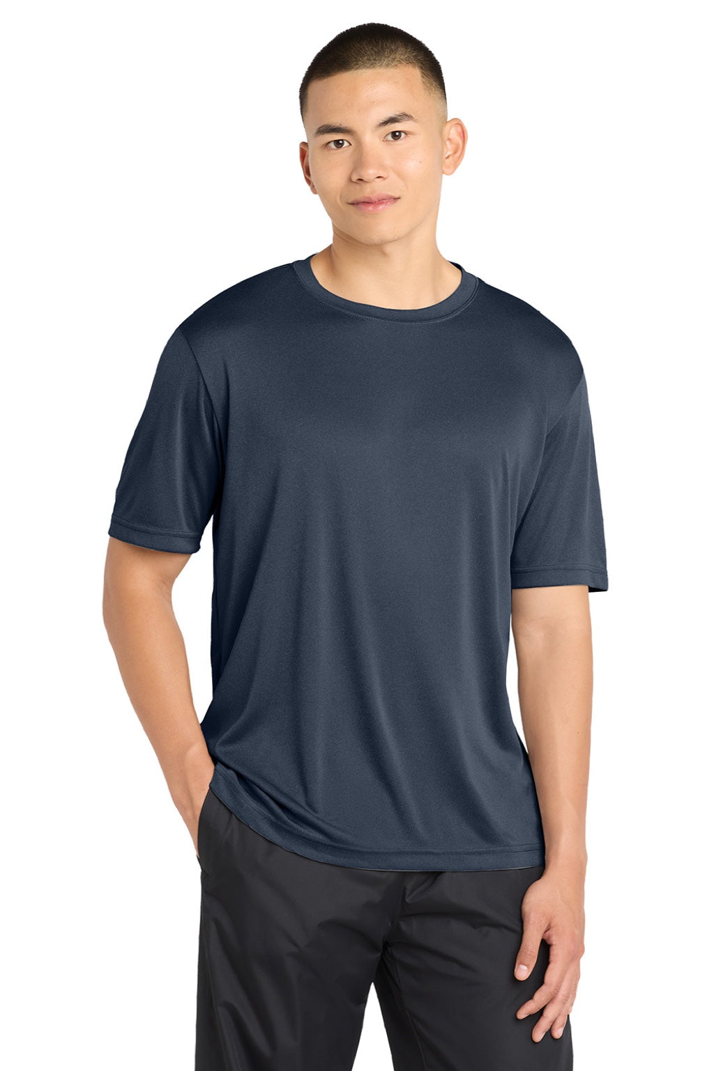 Sport-Tek ST350/TST350 Mens Competitor Moisture Wicking Short Sleeve Crewneck T-Shirt Heather True Navy Blue Model Front