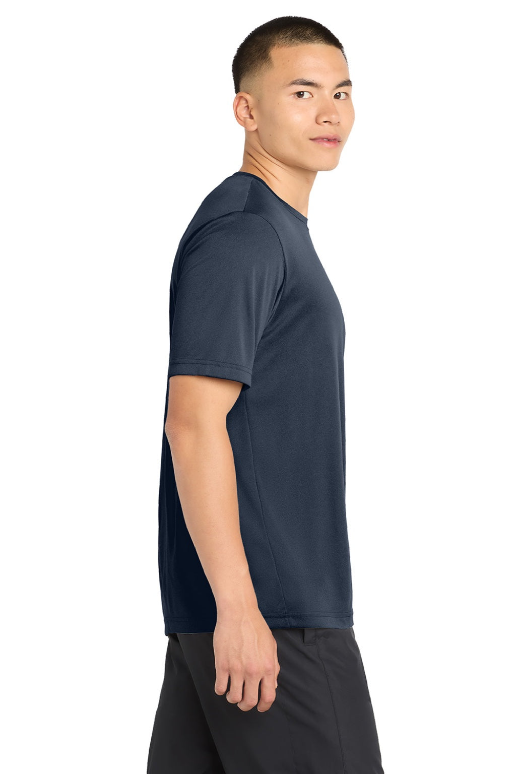 Sport-Tek ST350/TST350 Mens Competitor Moisture Wicking Short Sleeve Crewneck T-Shirt Heather True Navy Blue Model Side