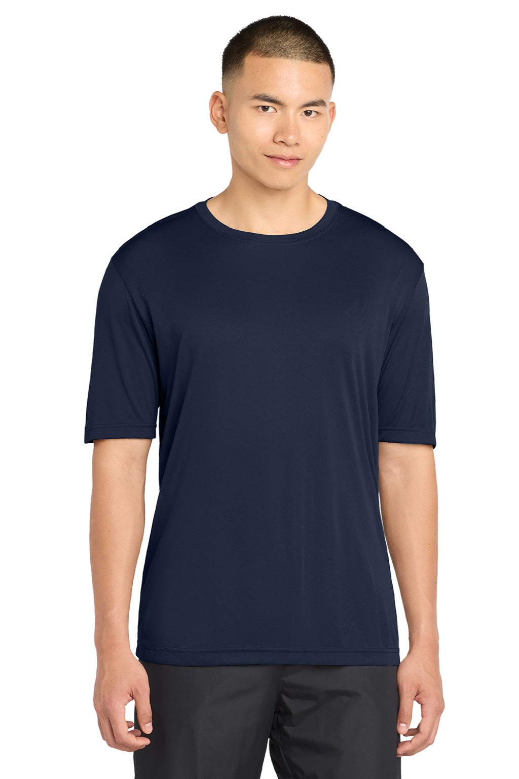 Sport-Tek ST350/TST350 Mens Competitor Moisture Wicking Short Sleeve Crewneck T-Shirt True Navy Blue Model Front
