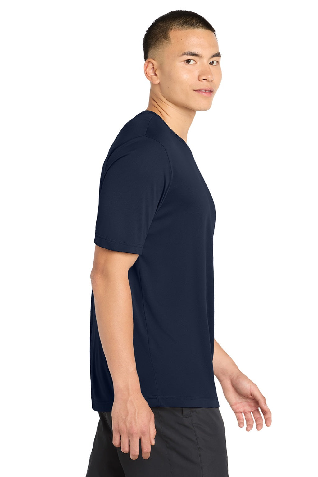 Sport-Tek ST350/TST350 Mens Competitor Moisture Wicking Short Sleeve Crewneck T-Shirt True Navy Blue Model Side