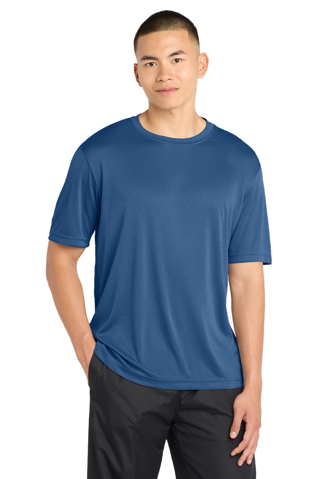 Sport-Tek ST350/TST350 Mens Competitor Moisture Wicking Short Sleeve Crewneck T-Shirt Heather True Royal Blue Model Front