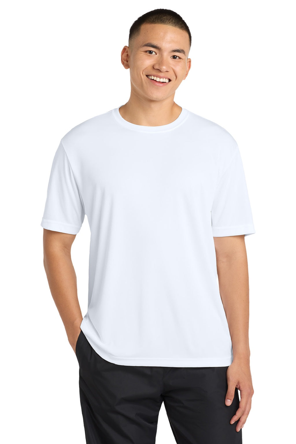 Sport-Tek ST350/TST350 Mens Competitor Moisture Wicking Short Sleeve Crewneck T-Shirt White Model Front