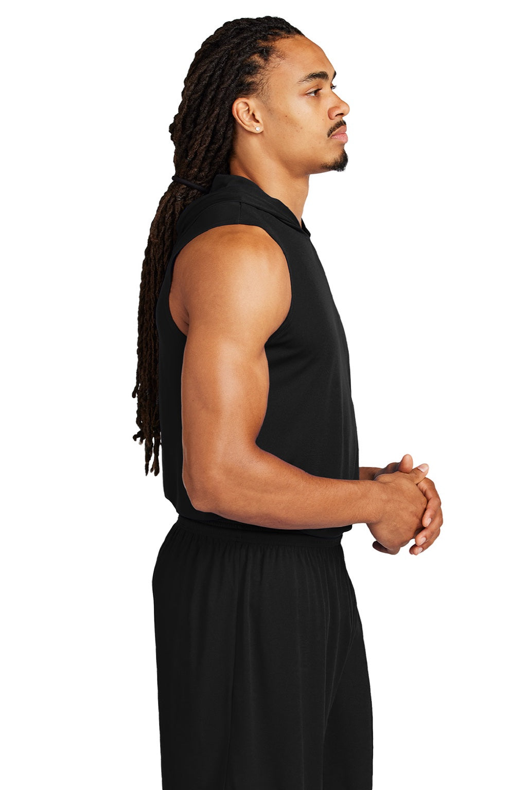 Sport-Tek ST352H Mens Moisture Wicking Competitor Hooded Tank Top Hoodie Black Model Side