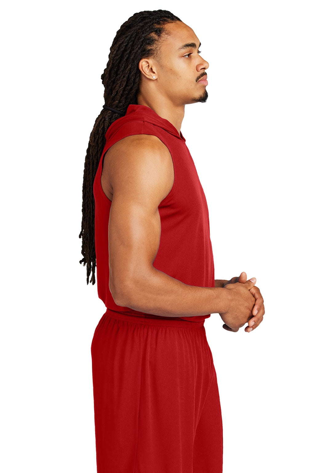 Sport-Tek ST352H Mens Moisture Wicking Competitor Hooded Tank Top Hoodie Deep Red Model Side