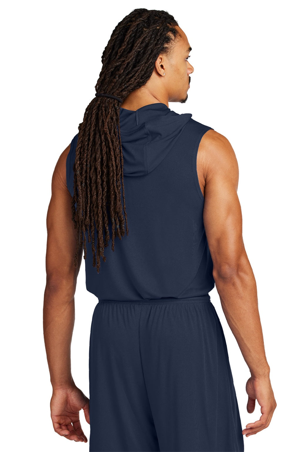Sport-Tek ST352H Mens Moisture Wicking Competitor Hooded Tank Top Hoodie True Navy Blue Model Back