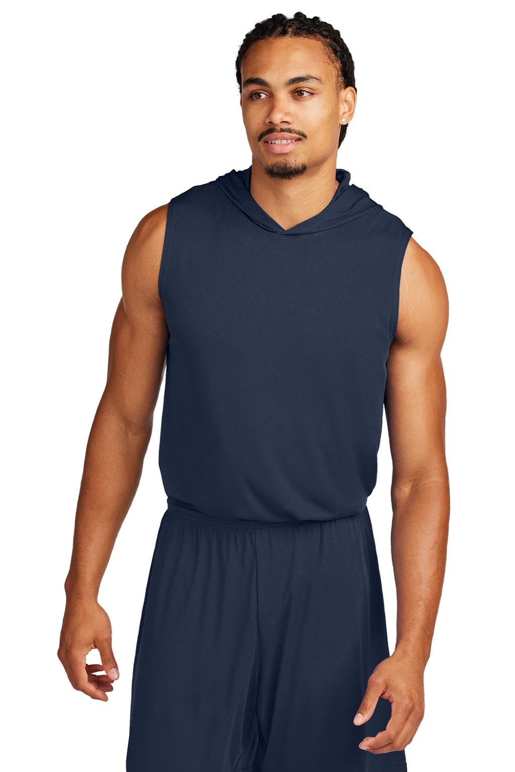 Sport-Tek ST352H Mens Moisture Wicking Competitor Hooded Tank Top Hoodie True Navy Blue Model Front