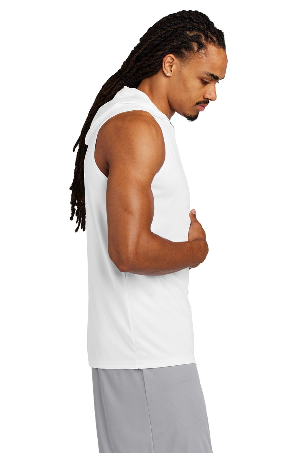 Sport-Tek ST352H Mens Moisture Wicking Competitor Hooded Tank Top Hoodie White Model Side