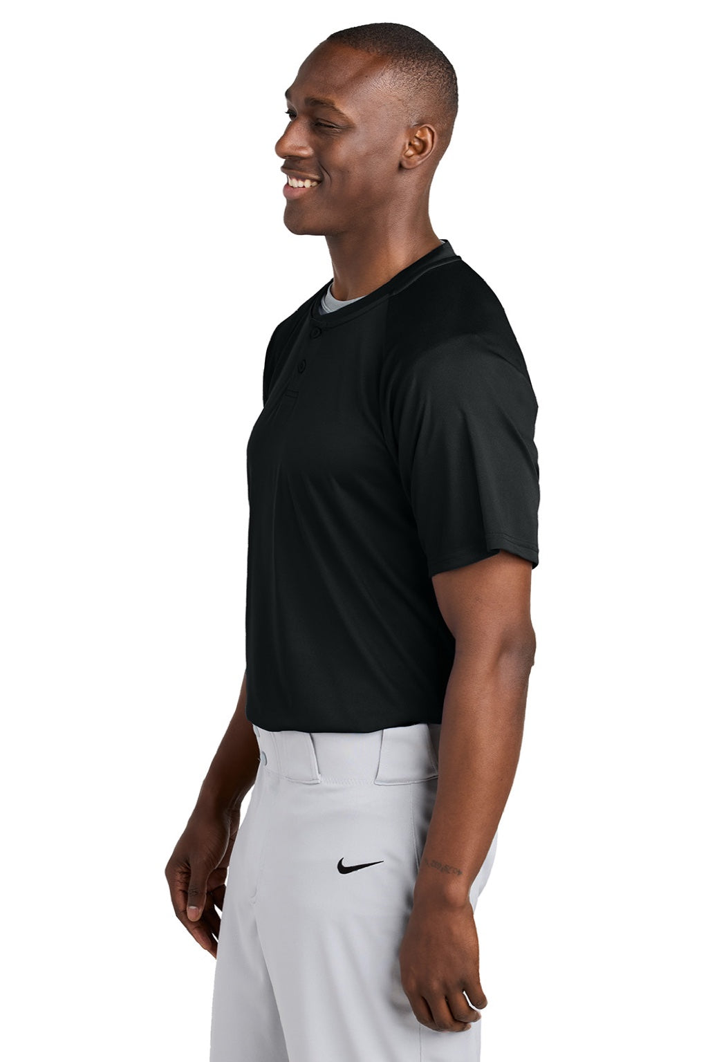 Sport-Tek ST359 Mens Moisture Wicking Competitor 2 Button Short Sleeve Henley Black Model Side