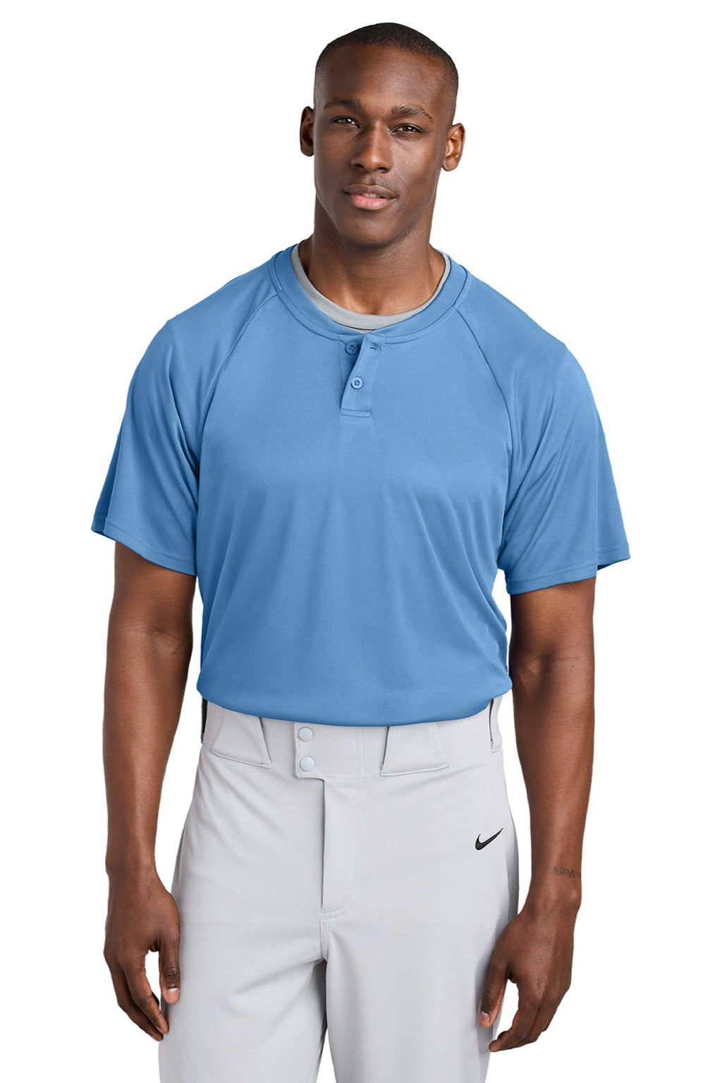 Sport-Tek ST359 Mens Moisture Wicking Competitor 2 Button Short Sleeve Henley Carolina Blue Model Front